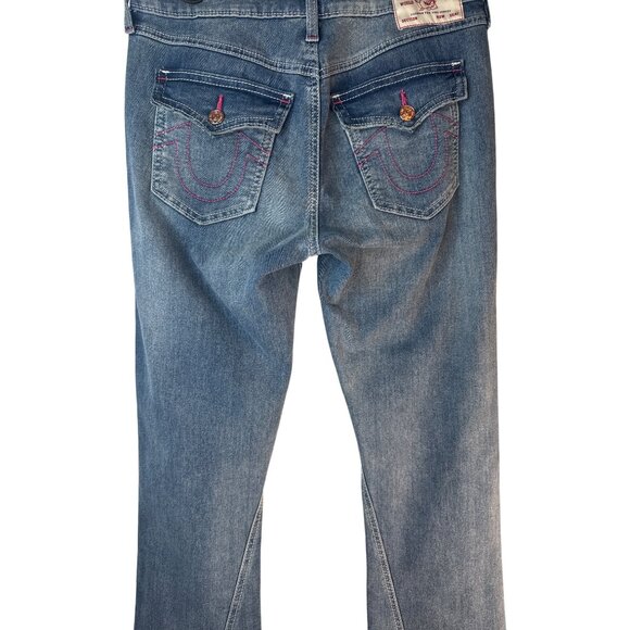 Joey True Religion Size 28 Mid Rise Flare Jeans Blue Denim With Red Stitching - Picture 9 of 13